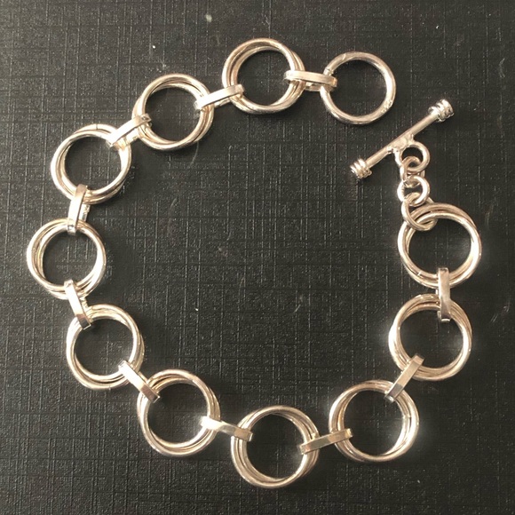 Double Round Link Sterling Silver Toggle Closure Bracelet - Picture 9 of 13